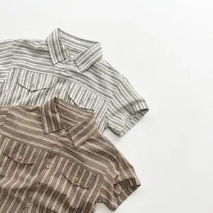 Close-up of cotton-linen striped shirts showing dual chest pockets and lapel collar detail