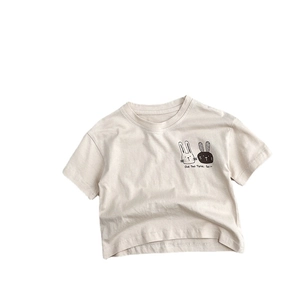 T-shirt manches courtes en coton pour enfants avec motif lapin mignon en beige avoine