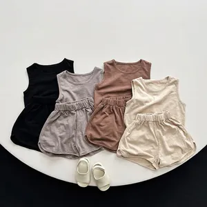 Breathable cotton linen unisex kids vest and shorts set in earth tone colors