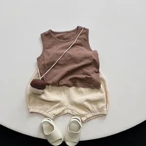 Kids bamboo cotton tank top and muslin shorts set in earthy brown and beige colors