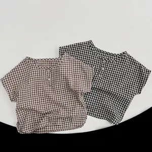 Unisex Kids Summer Cotton Plaid Short Sleeve Top Korean Style Round Neck Button Baby Toddler Gingham Blouse Casual Smock