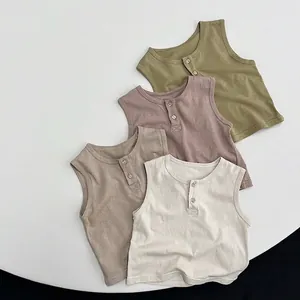 Korean Style Kids Cotton Sleeveless Henley T-Shirt Minimalist Solid Color Summer Breathable Vest Top For Boys Girls Children