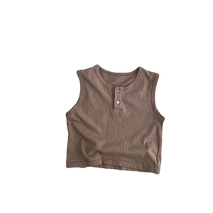 Kids brown cotton sleeveless tank top with classic buttoned Henley neck for summer