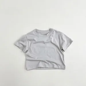 Classic loose-fit children's short sleeve cotton T-shirt in light purple minimalist style