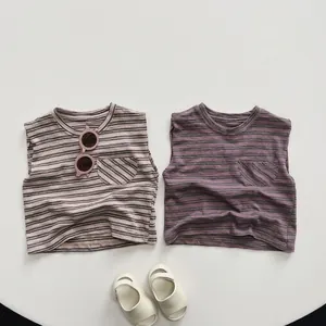 Kinder Gestreiftes Baumwolle Tanktop Ärmellos Rundhals Weste Mit Tasche Atmungsaktiv Sommer Casual Kleidung
