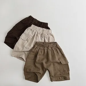 Summer Kids Ramie Cargo Shorts Korean Casual Loose Three-Quarter Length Pants With Large Pockets For Boys Girls Solid Color
