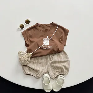 Kids' cotton summer tank top set with ice cream print and beige striped shorts