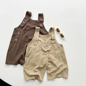 Salopettes pour enfants en coton et lin marron et beige avec poches avant