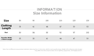 Size chart for kids hooded sun protection jacket with precise measurements for 80-130 cm