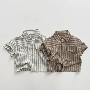 Chemises à manches courtes en coton à rayures verticales pour enfants gris et marron