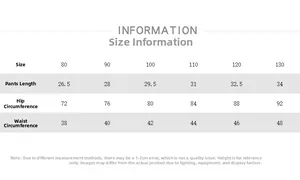 Size chart for children casual shorts showing length, hip and waist measurements in cm