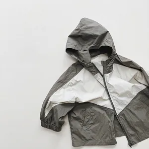 Kids lightweight hooded sun protection windbreaker with grey and white color block panels