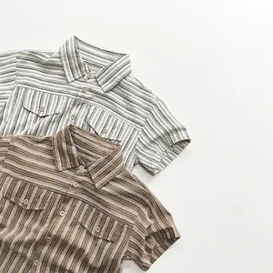 Chemise à Rayures en Coton Enfants Style Coréen Été Décontracté Col Rabattu Haut à Boutons pour Garçons et Filles
