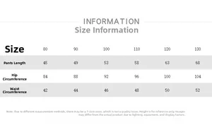 Size chart table for children's casual wide-leg pants showing length and waist details