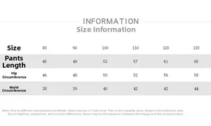 Size chart for children leggings showing length, hip and waist measurements for ages 80 to 130