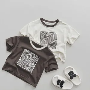 Kinder Minimalistisches Reiner Baumwolle Bedrucktes Kurzarm T-Shirt Koreanischer Stil Geometrisches Wellenmuster Sommer Rundhals Kleinkind Tops