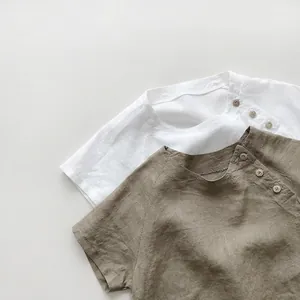 Minimalist kids cotton linen short sleeve shirt with side buttons in white and khaki
