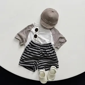 Kids summer cotton casual outfit set with raglan sleeve t-shirt and striped shorts