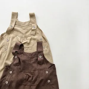 Salopettes pour enfants en coton et lin beige et marron avec de grandes poches