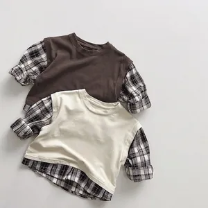 Kinder Kariert Langarm T-Shirt Fake Zwei Stücke Baumwolle Tops Für Kleinkinder Jungen Mädchen Lässig Frühling Herbst Top