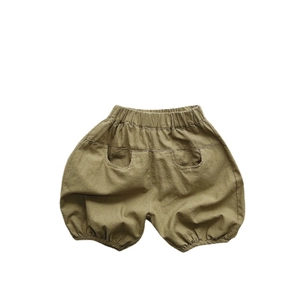 Kids cotton lantern shorts with elastic waist in olive green and loose casual fit