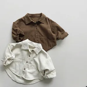 Chemise à Manches Longues en Coton pour Enfants Style Coréen Décontracté Couleur Unie Col Rabattu Haut pour Garçons Filles
