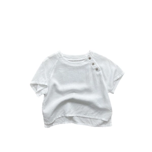 Kids minimalist white cotton linen short sleeve t-shirt with side wood buttons decor