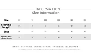 Size chart for children's jacket showing length, chest, and sleeve measurements