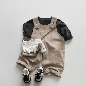Kids khaki overalls and olive long sleeve tee set with cute knitted puppy bag