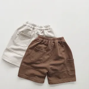 Kids casual knit shorts set in beige and brown with elastic waistband and cargo pockets
