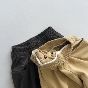 Kids loose cotton casual pants in brown and yellow with elastic waist and side pockets