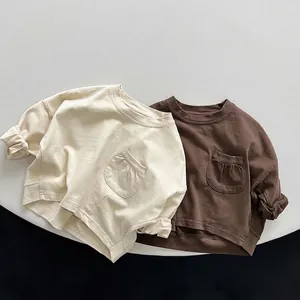 T-Shirt à Manches Longues pour Enfants Unisexe 100% Coton Couleur Unie Col Rond avec Poche Plaquée à Plis