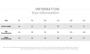Detailed size chart for boys striped cotton pants showing length hip and waist measurements