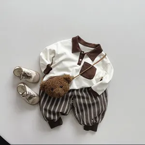 Toddler contrast color polo shirt and striped pants set with bear bag and shoes