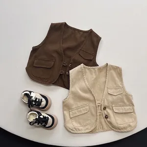 Gilet Workwear in Cotone 100% per Bambini Casual Giapponese Smanicato Tinta Unita Giacca con Bottoni per Ragazzi Ragazze Abbigliamento