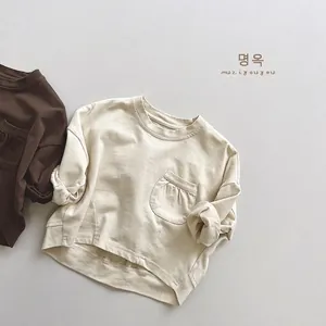 Détails de t-shirts enfants en coton à manches longues avec poignets roulés et poche