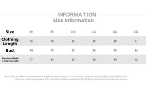 Detailed size chart for kids' fleece top showing length, bust, and sleeve measurements