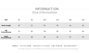 Size chart for kids loose pants detailing waist, hip, and length measurements