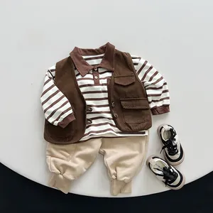 Kids contrast color polo shirt and vest set in earthy tones for spring and autumn casual wear