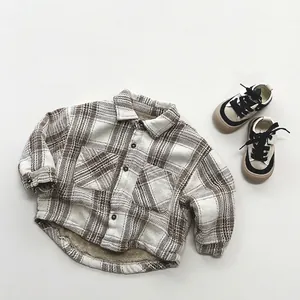 Kids Plaid Fleece Lined Shirt Winter Retro Korean Style Thick Warm Shirt Jacket For Boys Girls Toddler Cotton Tops