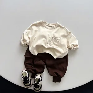 Kids long sleeve beige T-shirt and brown trousers outfit set for spring and autumn