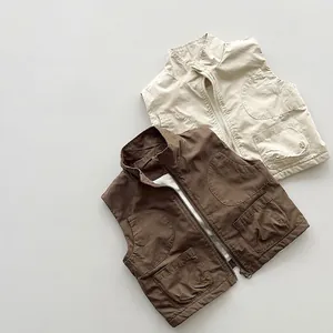 Korean Style Kids Cargo Vest Fleece Lined Warm Winter Sleeveless Jacket For Boys Girls Stand Collar Pocket Outwear Top