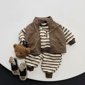 Winter 3-piece infant warm striped set with brown vest and cute bear crossbody bag