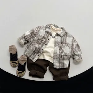 Kids vintage plaid fleece shirt jacket and pants set in earthy beige and brown colors