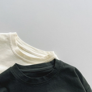 Detail view showing ribbed crew neck collars and fine stitching on cotton t-shirts