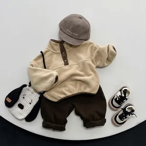 Kids warm fleece sweatshirt set with pants and dog bag in minimalist Korean style