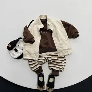 Kids Harajuku style fleece-lined vest outfit set with cargo vest and striped pants
