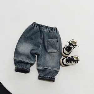 Kids warm fleece lined denim joggers in dark blue wash with elastic waist and cuffs