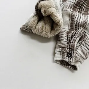 Retro plaid flannel shirt for children with warm fleece lining in brown and white