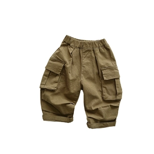 Pantaloni cargo vintage per bambini in cotone verde oliva con vita elastica e tasche ampie